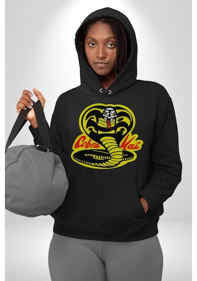 Cobra Kai Karete Çocuk Yılan Logo Dizi Kadın Erkek Siyah Kapüşonlu Sweatshirt Hoodie Siyah