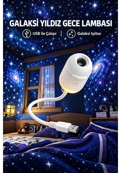 Usb Galaksi Projektör Led Gece Lambası 360 Ayarlanabilir 12 Filmli 2 Si 1 Arada Ambiyans Işık Gl-001 Beyaz