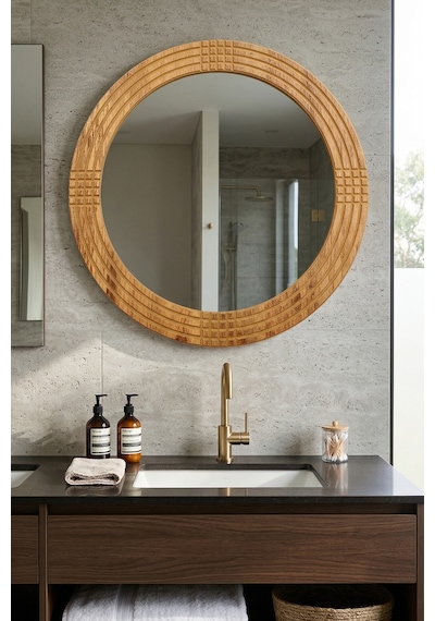 Safir Ahşap Dekoratif Ayna Yuvarlak Ayna Işlemeli Ahşap Duvar Aynası - 43 Cm Ceviz