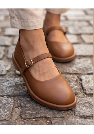 Futsishoes Sora Taba Hakiki Deri Rahat Kalıp Mary Jane Tokalı Kadın Babet