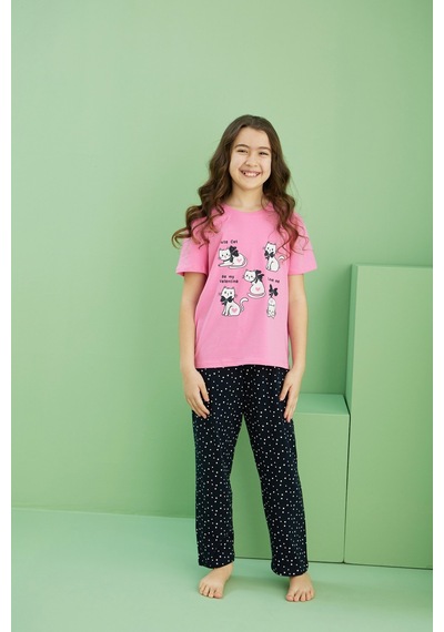 Siyah İnci Pamuklu Bisiklet Yaka Örme Pijama Takım25117061 Pembe
