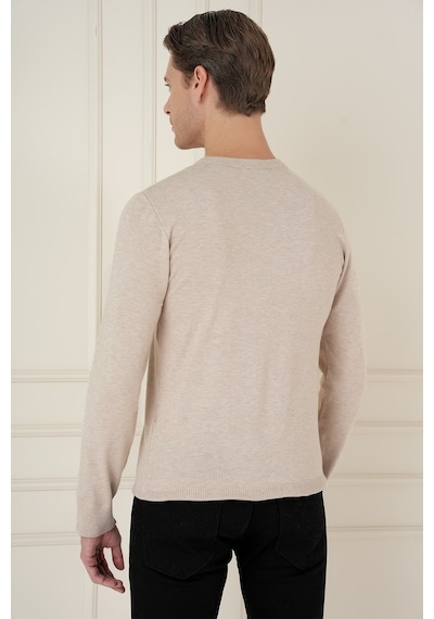 Slim Fit Ribanalı Düz Bej Yünlü Bisiklet Yaka Triko Kazak Tr 900
