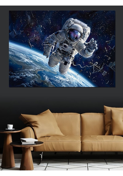Uzay Boşluğunda Astronot Ve Dünya Dekoratif Kanvas - Mdf Ahşap Tablo