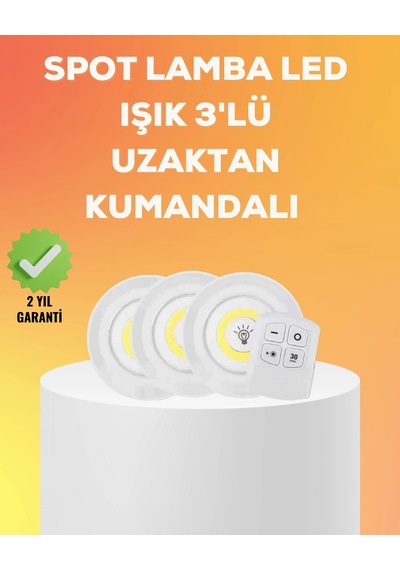 Çok Amaçlı Kullanım İçin Kablosuz Yapışkanlı 3 Lü Uzaktan Kumandalı Led Spot Lamba Açık Mavi