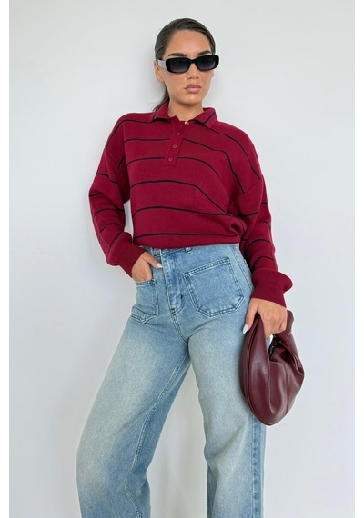 Madmext Bordo Çizgili Polo Yaka Kadın Triko Kazak Mg2470 Bordo