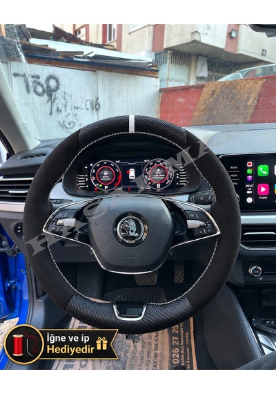 Skoda Fabia Mk4 Dikme Direksiyon Kılıfı Alcantara Süet Mat Karbon Beyaz Yüzük Ve Dikiş 2021-2026