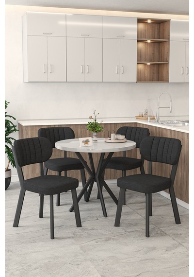 Gnr 90cm Sabit Beyaz Mutfak Masası Takımı, Yemek Masası, 4 Modern Siyah Sandalye Siyah