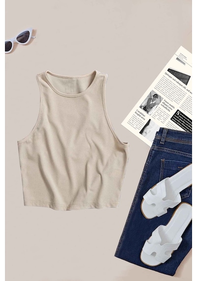 Merry See Tek Renk 1 Adet Kadın Kolsuz Örme Kumaş Bluz Crop Krem