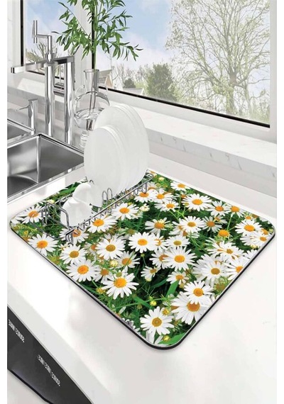 Yeşil Çiçekli Microfiber Bulaşık Kurutma Kurulama Matı Mm016n11