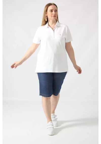 Moda Berray 21305 Kısa Kollu Büyük Beden Lakost Kumas T-shirt Beyaz Beyaz
