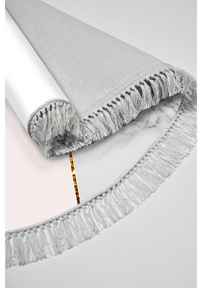 Kaymaz Dijital Mutfak & Salon Halı Trend Saçaklı Oval Geometrik E5008 Beyaz
