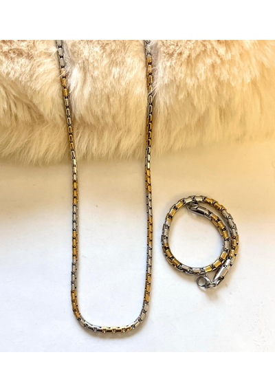 Gold&gümüş Mixli 1.sınıf Örme Çelik Unisex Kolye Ve Bileklik Set