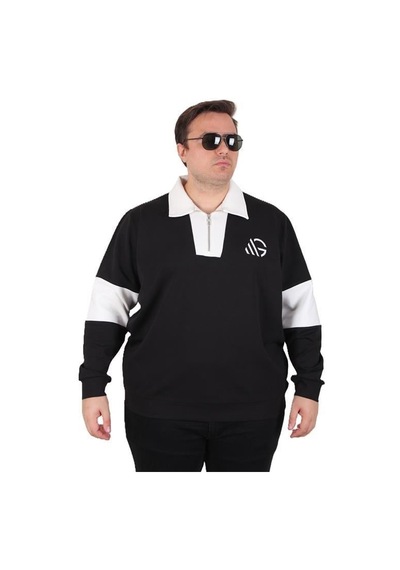 Starbattal Büyük Beden Polo Yaka Fermuarlı Sweat Double Face 25709 Sıyah Siyah