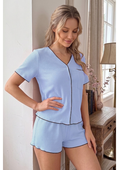 Bella Notte Bebe Mavisi Kısa Kollu V Yaka Biye Detaylı Pijama Takımı