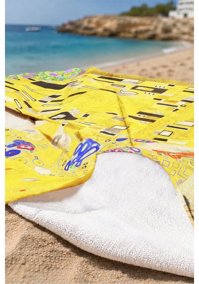 Sanatsal Figürlü Altın Sarısı Plaj Havlusu - Modern Floral Portre Hızlı Kuruyan Mikrofiber Havlu Çok Renkli