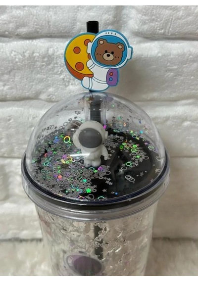 Pipetli Bardak Matara Sevimli Suluk 450 Ml Çift Astronot Figürlü Gri