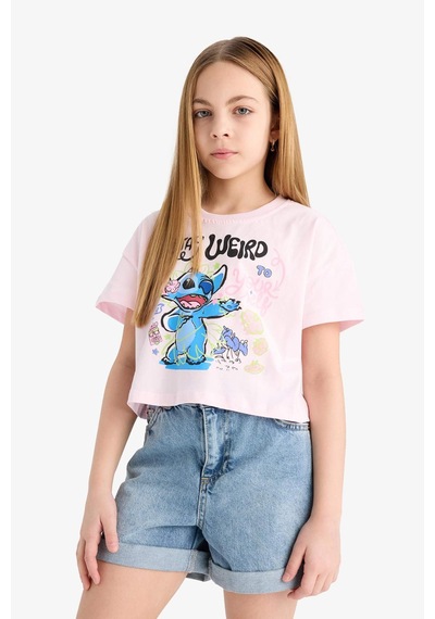 DeFacto Kız Çocuk Disney Lilo & Stitch Bisiklet Yaka Kısa Kollu Tişört E6507A825HSPN343 Pembe