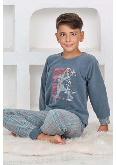 Yeni Sezon Sonbahar/kış Erkek Çocuk Basketball Desenli Polar Pijama Takımı 4530 Petrol Mavisi