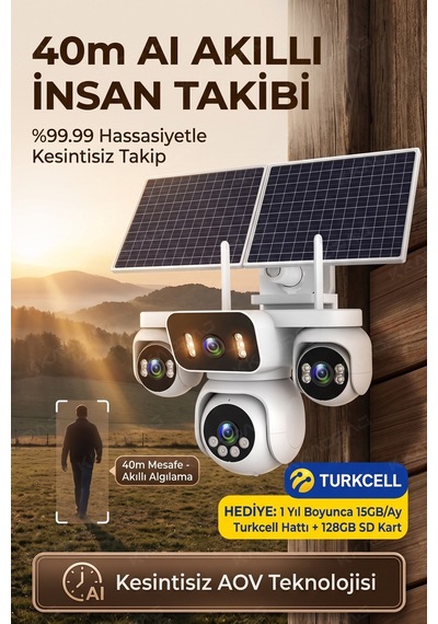 4 Kameralı Solar Panelli Güneş Enerjili Uzaktan Kontrol ,7/24 Aralıksız Kayıt, 2 Solar Panel,aı