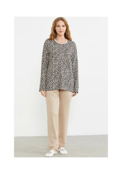 Angbutik Sementa 76413 Rahat Kalıp Leopar Kombinli Pijama Takım Bej