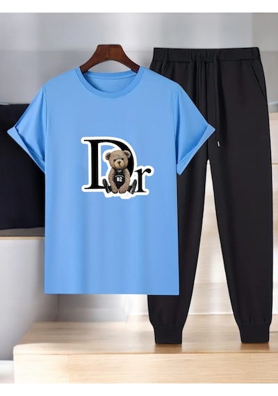 Uyguntarz Unisex Dr. Ayı Tasarım Basklı Tshirt Eşofman Takımı Bebe Mavi