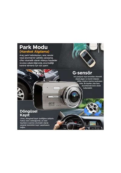 4k Ultra Hd Wifi Araç Kamerası Ön 4k Arka 1080p 7/24 Park Modu G-sensör Park Kiti Hediye