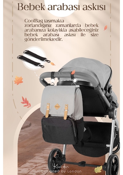 Kiwi Coolbag Anne Bebek Çantası - Bebek Bakım Çantası - Termal Gözlü Su Geçirmez Alt Açma Pedli - Gri Grii