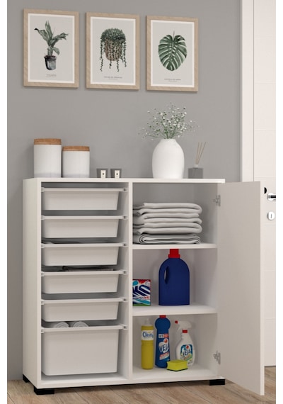 Rüya No.4 Modern Kullanışlı Beyaz Geniş Kapaklı Çok Amaçlı Sepetli Dolap