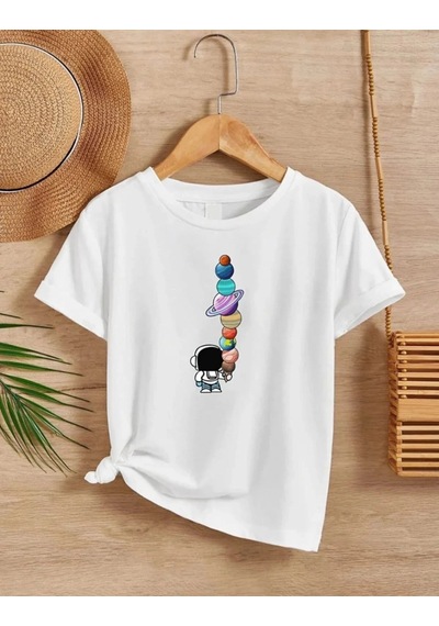 Barlashive Kız Çocuk Baskılı T-shirt - Beyaz Çok Renkli