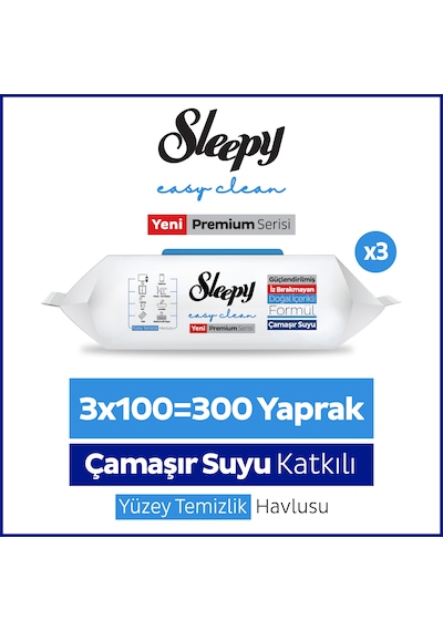 Sleepy Easy Clean Premium Çamaşır Suyu Katkılı Yüzey Temizlik Havlusu Mendili 3x100 (300 Yaprak) 