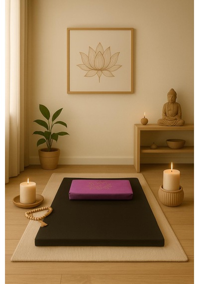 60x60 Meditasyon Minderi Seti İkili Yoga Meditasyon Minderi Lotus Çiçeği Baskılı Meditasyon Minderi Siyah - Mor