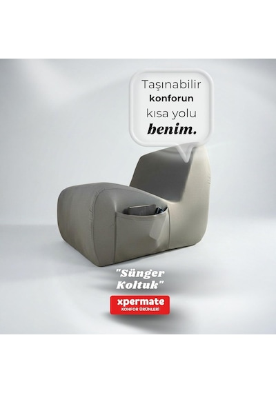Xpermate Sünger Koltuk Tekli Yer Koltuğu İskeletsiz Taşınabilir Armut Koltuk Salon Çocuk Odası Balkon Gri Genel