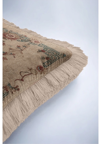 Otantik Çiçekli Saçaklı Yastık Kılıfı - Vintage Floral Bej Turkuaz Krem Püsküllü Kırlent Kılıfı Puslu Düş Opal
