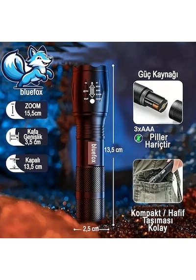 Güçlü Led El Feneri, 10w Ultra Parlak Işık, 5 Farklı Mod, Zoom Özellikli, Dayanıklı Aluminyum Gövde Genel