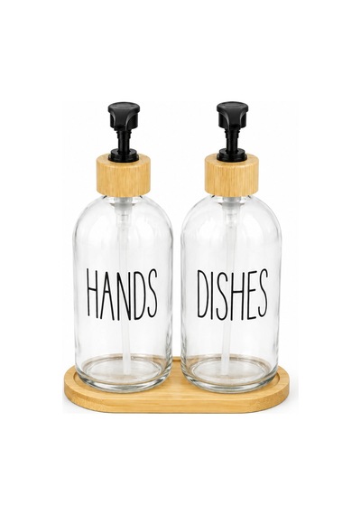 Relly Bambu Standlı İkili Cam Sabunluk Seti 2 X 500 Ml Hands & Dıshes Şeffaf