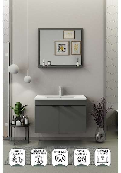 Biani Fix Arya 85 Cm Banyo Dolabı,Seramik Lavabolu, Aynalı,Lavabo Dahil,Mdf,Mat Gri