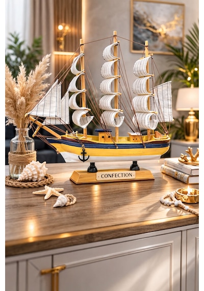 Büyük Boy El Yapımı Ahşap Yelkenli Gemi Maketi 33 X 33 Cm Dekoratif Premium Hediyelik 531-c