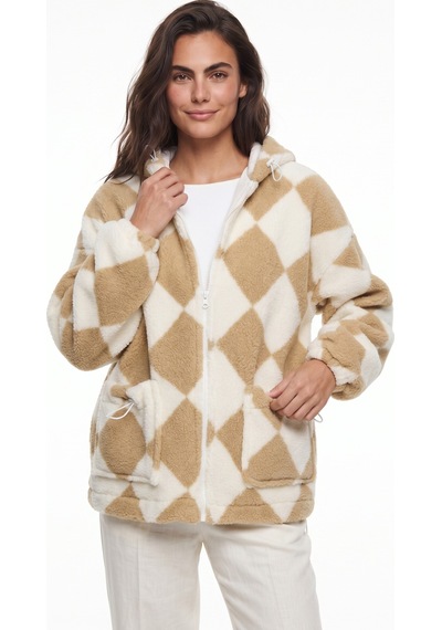 Onloox Kadın Bej-beyaz Bej Beyaz Pamuklu Peluş Dokulu Kapüşonlu Astarlı Baklava Desenli Fermuarlı Mont Sweatshirt
