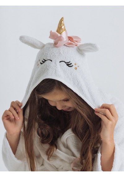 Formeya Kapşonlu Çocuk Bornoz %100 Pamuklu Su Emici Unicorn Beyaz - Pudra