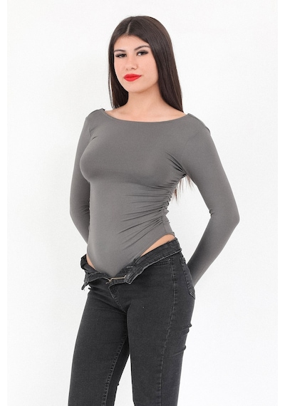 Giysa Kadın Füme Sırt Dekolteli Uzun Kollu Çıtçıtlı Esnek Zıbın Body - 2440 Füme
