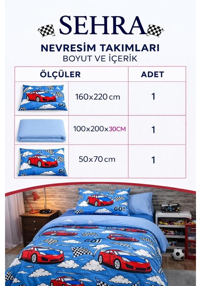Lüks%80 Pamuklu Tek Kişilik Nevresim Takımı Çocuk Desen Kırmızı Araba Desen + Lastikli Çarşaf +1 Adet Yastık Kılıflı Mavi-araba Çok renkli