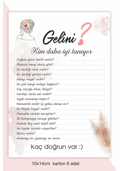 Gelini Kim Daha İyi Tanıyor? Bekarlığa Veda Soru Kartları 8 Adet