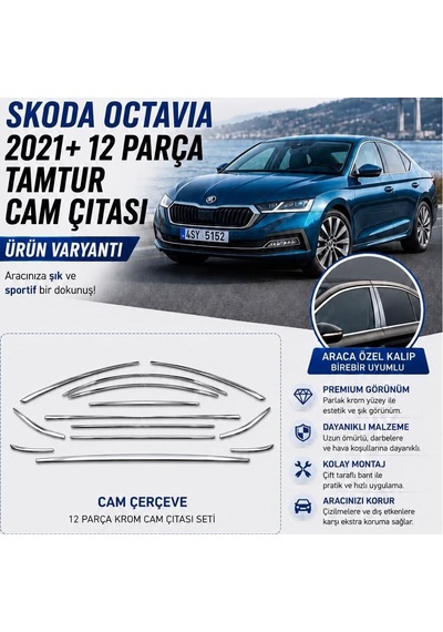 Autogp Skoda Octavia Cam Çerçevesi Kenar Çıtası Krom Tamtur 2020+ 12 Parça