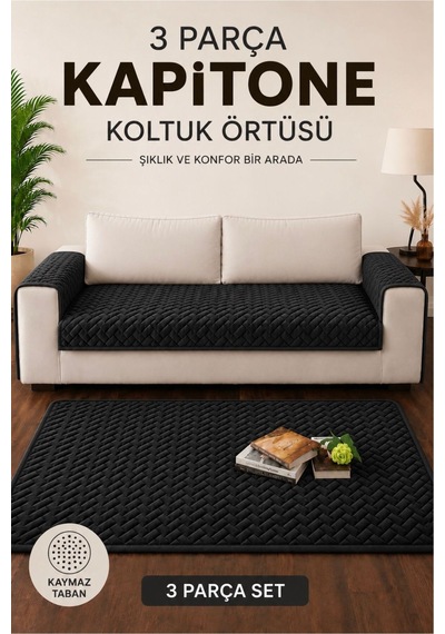 3 Parça Kaymaz Taban Kapitone Koltuk Örtüsü Takımı Çekyat Kanepe Seti Siyah Siyah