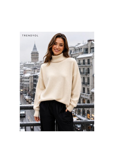Hira Life Fashion Sfg Life Moda Kadın Balıkçı Yaka Tüylü Şardonlu Oversize Kazak Bej Bej