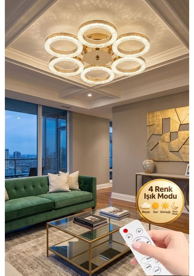 LumiaLighting Zero Model Gold Kumandalı 6"lı Ledli 3 Renk Modu Kristal Salon Mutfak Yatak Çocuk Odası Avize