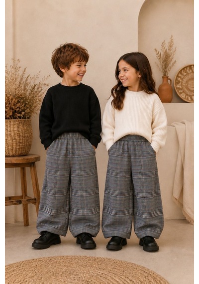Elovias Çocuk Gri Ekose Desen Oversize Bohem Şalvar Pantolon 2-3-4-5 Yaş Gri