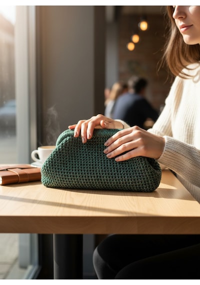 Simli El Örgüsü Kadın Clutch Çanta Astarlı Şık Gece Ve Makyaj Çantası Yesil
