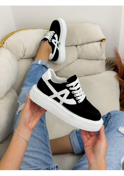 Erva'nın Butiği Siyah Beyaz Tig Kadın Bağcıklı Sneakers-4890 Siyah Beyaz Süet