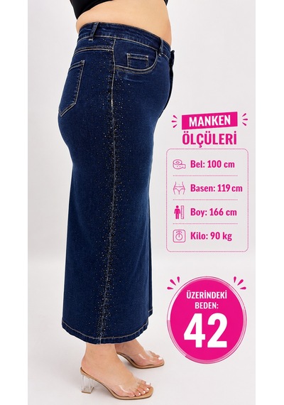 Büyük Beden Denim Taşlı Kalem Etek Lacivert
